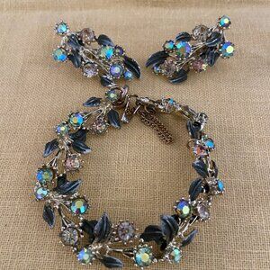 1950-1960s Aurora Borealis glass rhinestone and enamel bracelet & clip earrings